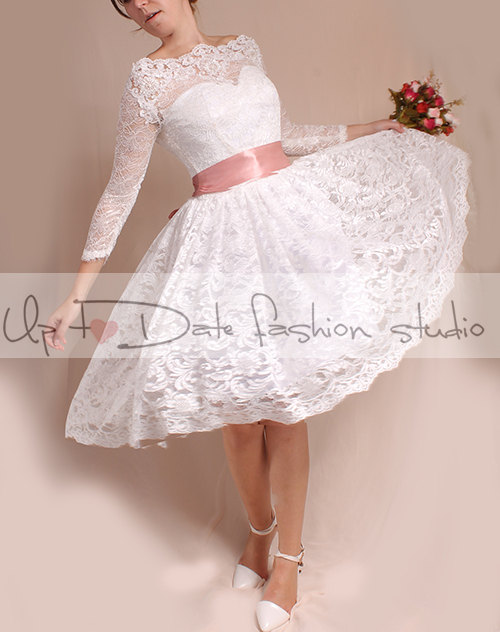 Mariage - Off-Shoulder/Short wedding romantic lace dresses /Custom Made/ 3/4 Sleeves Bridal Gown