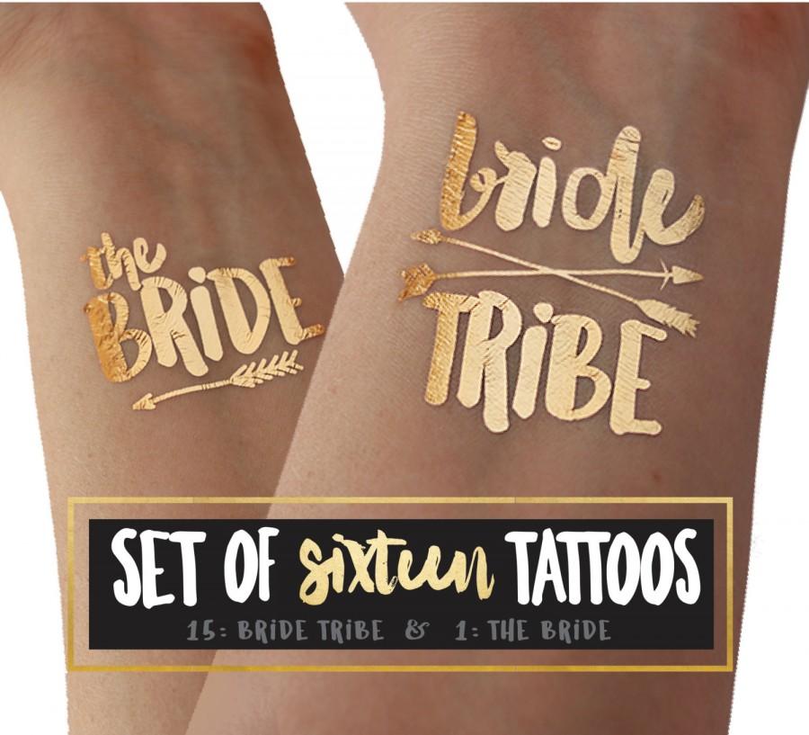 Свадьба - Bride Tribe Tattoo set of 16 / Bride tattoo / bachelorette party tattoo gold foil / hen night tattoo