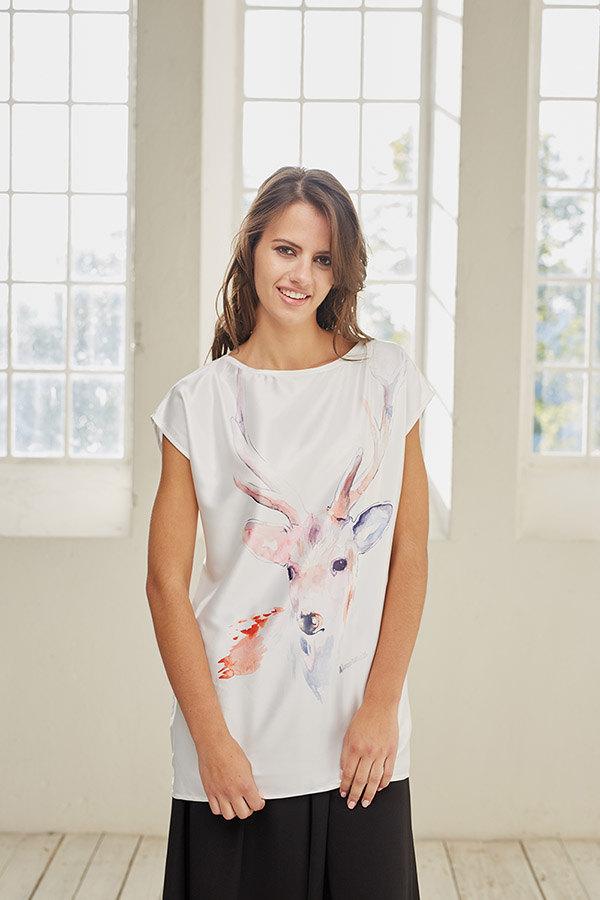 Hochzeit - White Deer art print blouse by OWA. Fancy off white top with watercolor animal picture. Christmas gift. Unique present for her.
