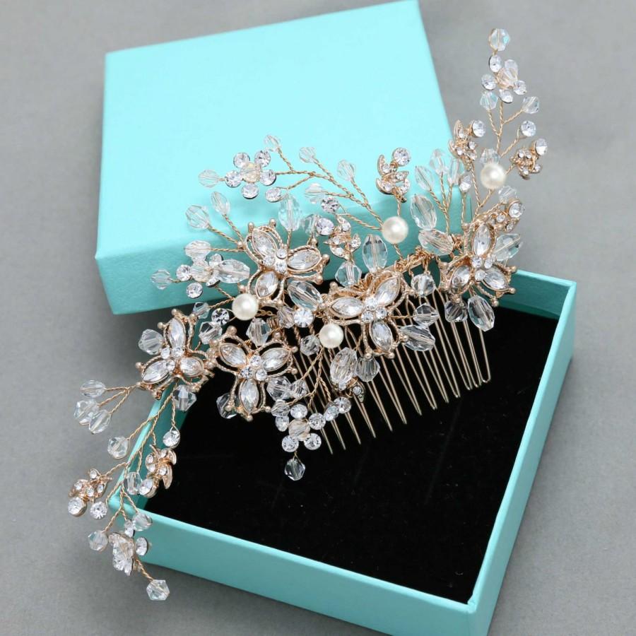 Wedding - Gold Hair Comb, Crystal Pear,l Bridal Hair Piece, Wedding Jewelry, Rhinestone Gold Hair Combs, Pearl Flower Headpiece, Bridal Pearl Comb