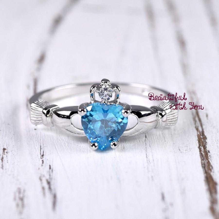 Mariage - Blue Topaz Ring Claddagh Ring Irish Celtic Ring Sterling Silver Wedding Band Promise Ring Womens Ring Blue Topaz CZ Heart Celtic Ring Band