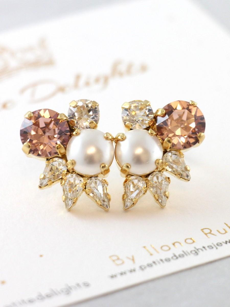 Mariage - Blush Crystal Bridal Studs,Swarovski Cluster Studs,Pearls and Crystal Bridal Earrings,Pearl Stud Earrings,Bridal Blush Earrings,Gift For Her