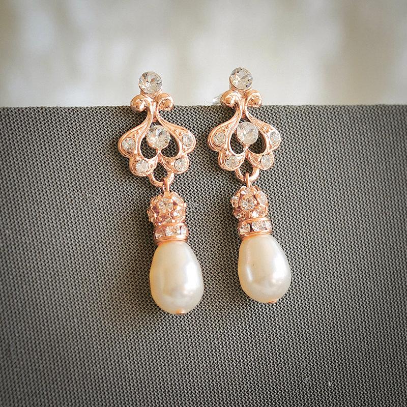 Hochzeit - Rose Gold Wedding Earrings, Art Deco Bridal Earrings, Swarovski Pearl and Rhinestone Chandelier Earrings, Pearl Drop Dangle Earrings, AILEY