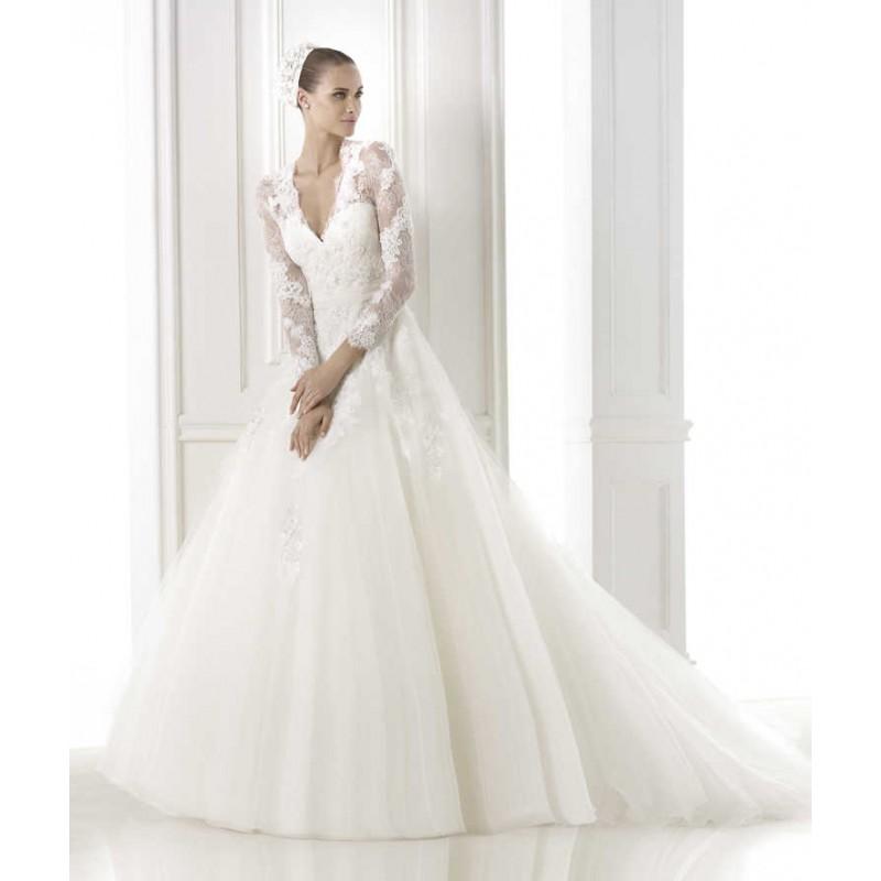 Свадьба - Exquisite A-line V-neck Long Sleeve Crystal Detailing Lace Hand Made Flowers Sweep/Brush Train Wedding Dresses - Dressesular.com