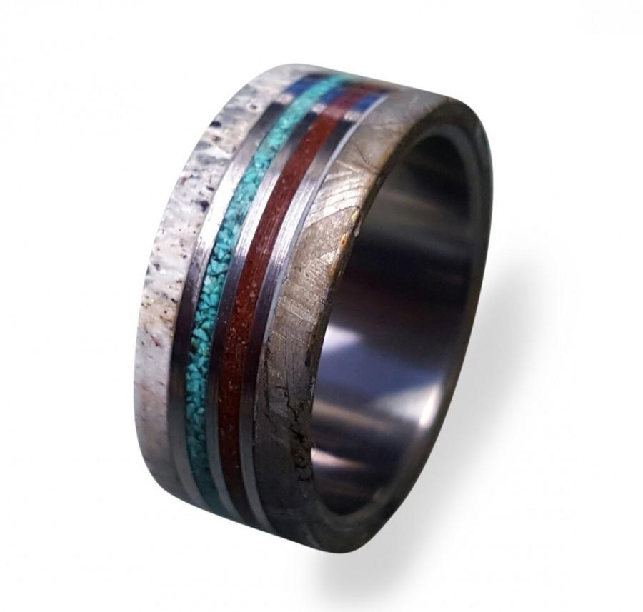 Wedding - Meteorite Ring, Titanium Ring with Gibeon Meteorite, Deer Antler and Dinosaur Fossil and Turquoise Inlays
