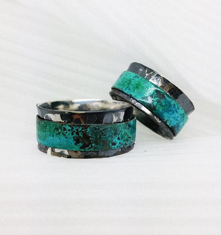 زفاف - Mens Wedding Ring // Organic Spinner Ring // Patinated Copper and Sterling Silver Unisex Wedding Ring // Handmade Spinner Ring