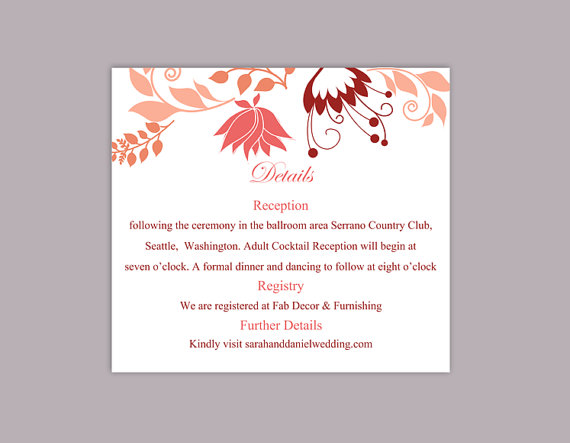 Свадьба - DIY Wedding Details Card Template Editable Word File Instant Download Printable Details Card Red Peach Details Card Floral Information Cards