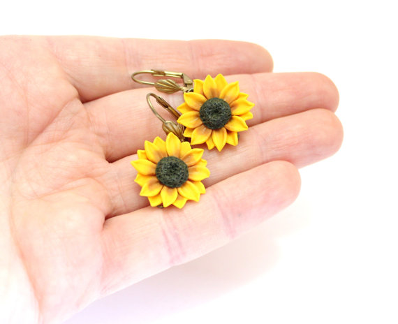Hochzeit - Yellow Sunflower Drop Earrings, Yellow Flower Drop Earrings, Jewelry Yellow Sunflower, Wedding Earrings, Summer Jewelry, Bridesmaid Jewelry