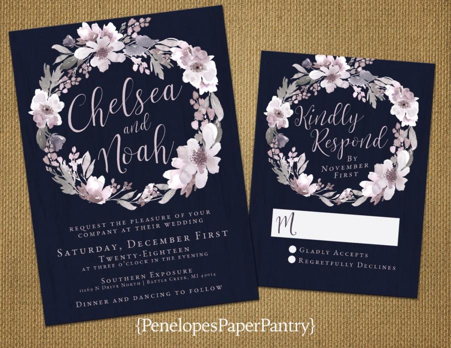 Свадьба - Elegant Navy Winter Wedding Invitations,Dusty Plum,Wintery Gray,Wreath Design,Shimmery,Romantic,Opt RSVP,Customizable with White Envelopes