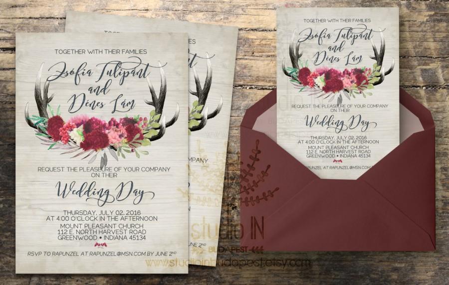 Hochzeit - Rustic Wedding Invitation, rustic wedding, invite calligraphy, boho floral wedding, RSVP card, DIY digital invitation set, wood background