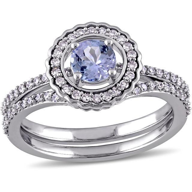 Hochzeit - Purple Tanzanite And Diamond White Gold 2-Piece Halo Bridal Set