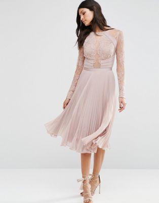زفاف - Pretty Lace Eyelash Pleated Midi Dress
