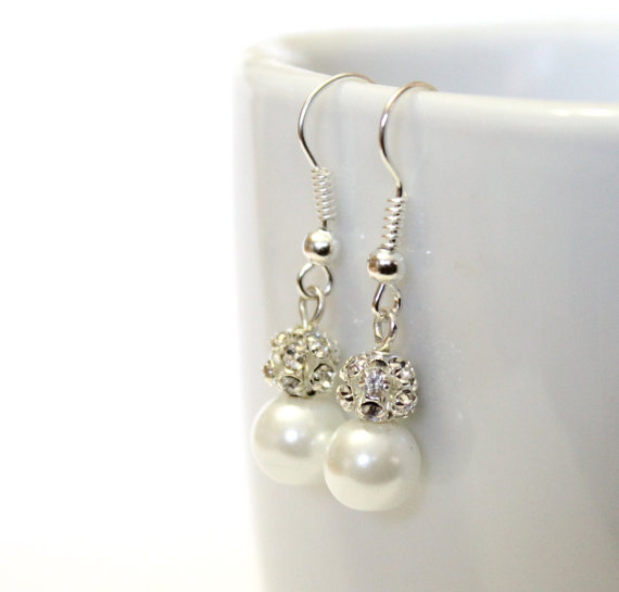 Hochzeit - White Pearl Earrings,Bridesmaid Earrings,Drop Earrings,Swarovski Pearl Earrings,Pearls in Sterling Silver, 8 mm Pearls, Pearl and Rhinestone