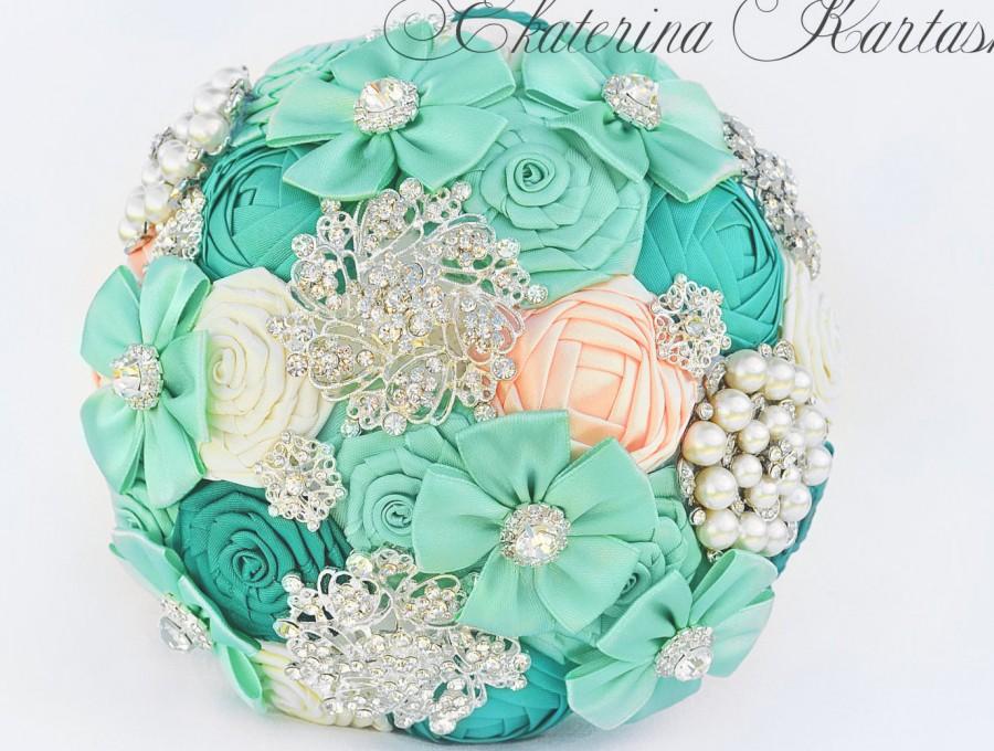 Mariage - Wedding Brooch Bouquet, mint and peach color. Bridal Brooch Bouquet. Handmade Bridal Bouquet