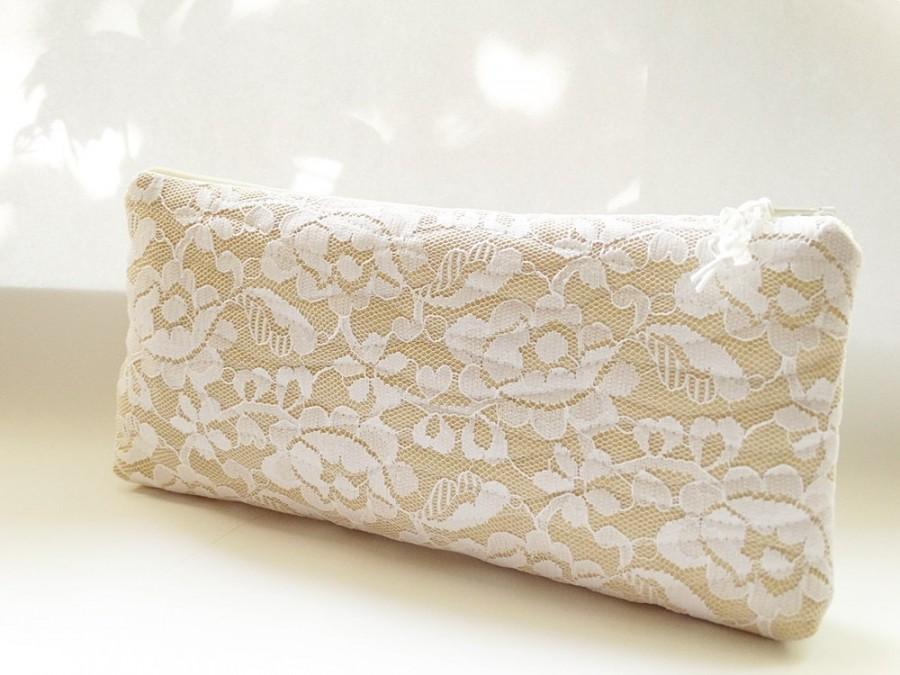 Mariage - Wedding Clutch White Lace on Gold Background, Customizable Bridesmaid Clutch, Bridal Party Handbag