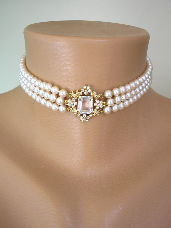 Свадьба - Pearl Choker, Pearl Necklace, ROSITA Pearls, Great Gatsby, 2 Strand, Cream Pearls, Vintage Wedding, Bridal Choker, Art Deco, Edwardian Style
