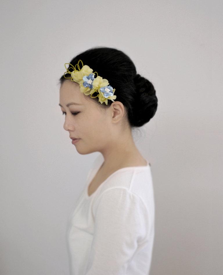 Hochzeit - Frangipani & Bluebell - 60% off on sale one of a kind headband haircomb, yellow and blue flower wedding headpiece