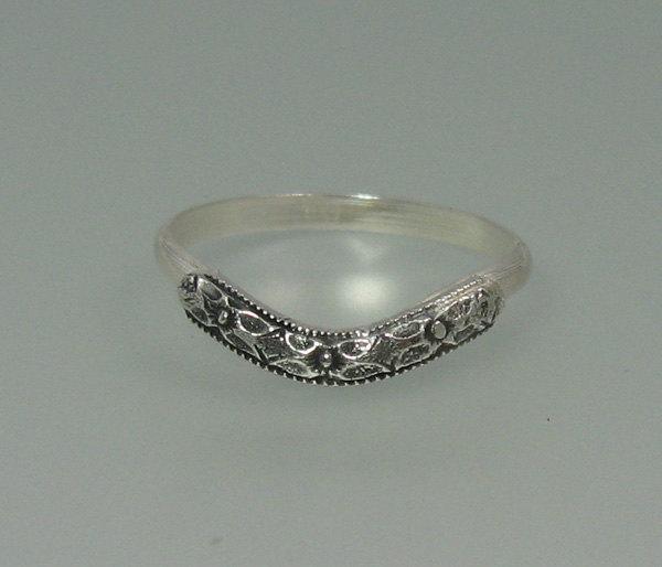 Wedding - Curved wedding band - antique style sterling silver wedding ring - vintage Edwardian style floral ring - nontraditional wedding ring