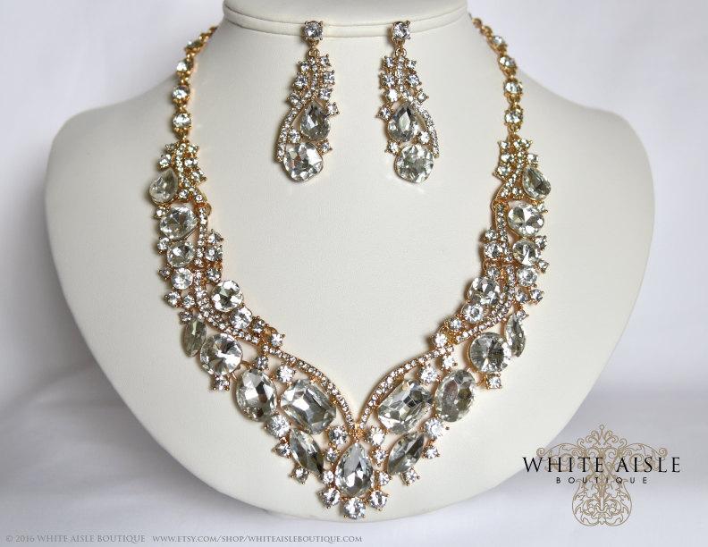 زفاف - Gold Bridal Necklace, Wedding Jewelry Set, Crystal Bridal Statement Necklace Earrings, Bridal Earrings, Vintage Style