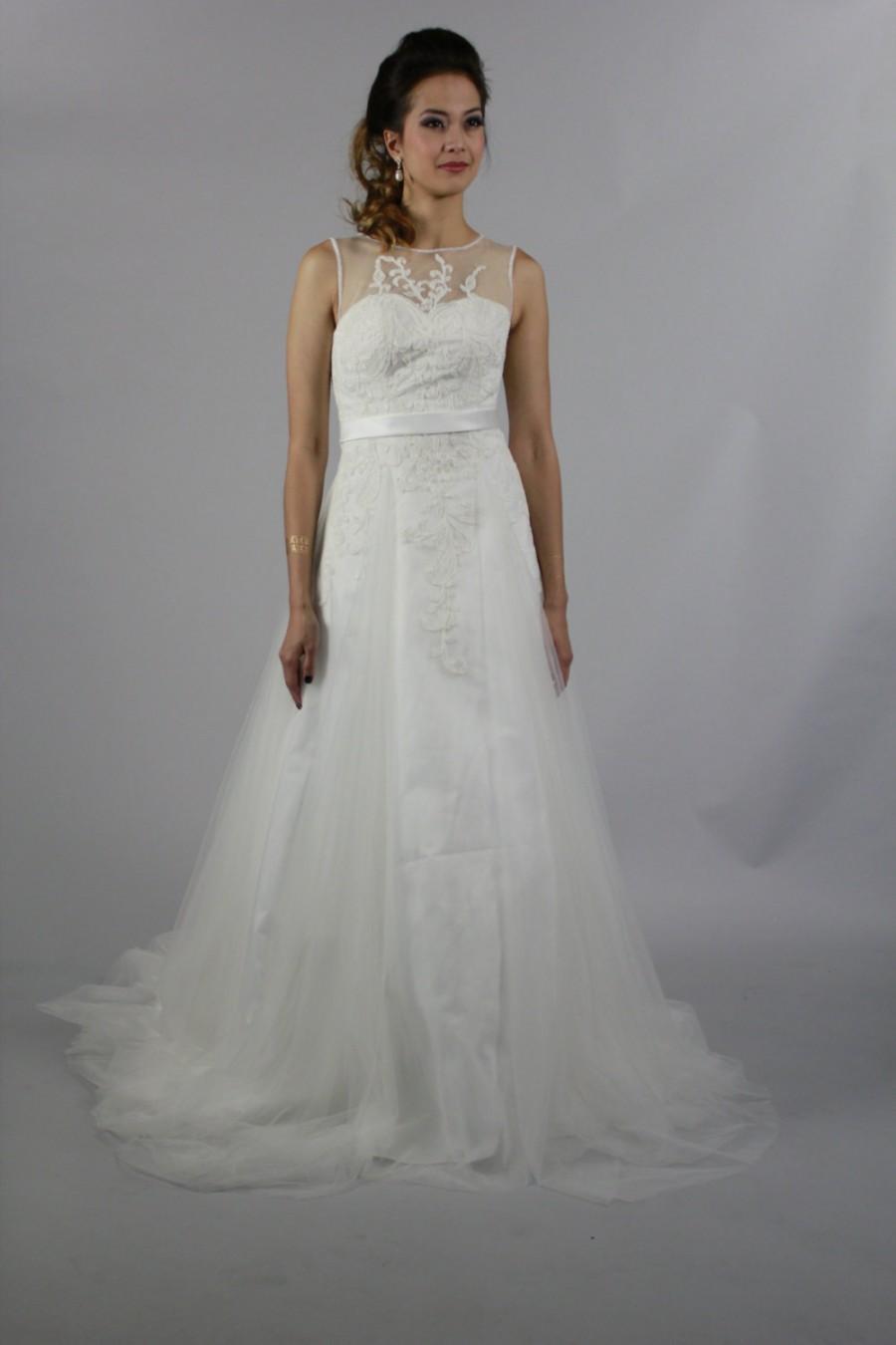 Wedding - Simple but Elegant Formal A Line Scoop Neckline , Sheer Lace Beaded Back Long Lace Wedding Dress
