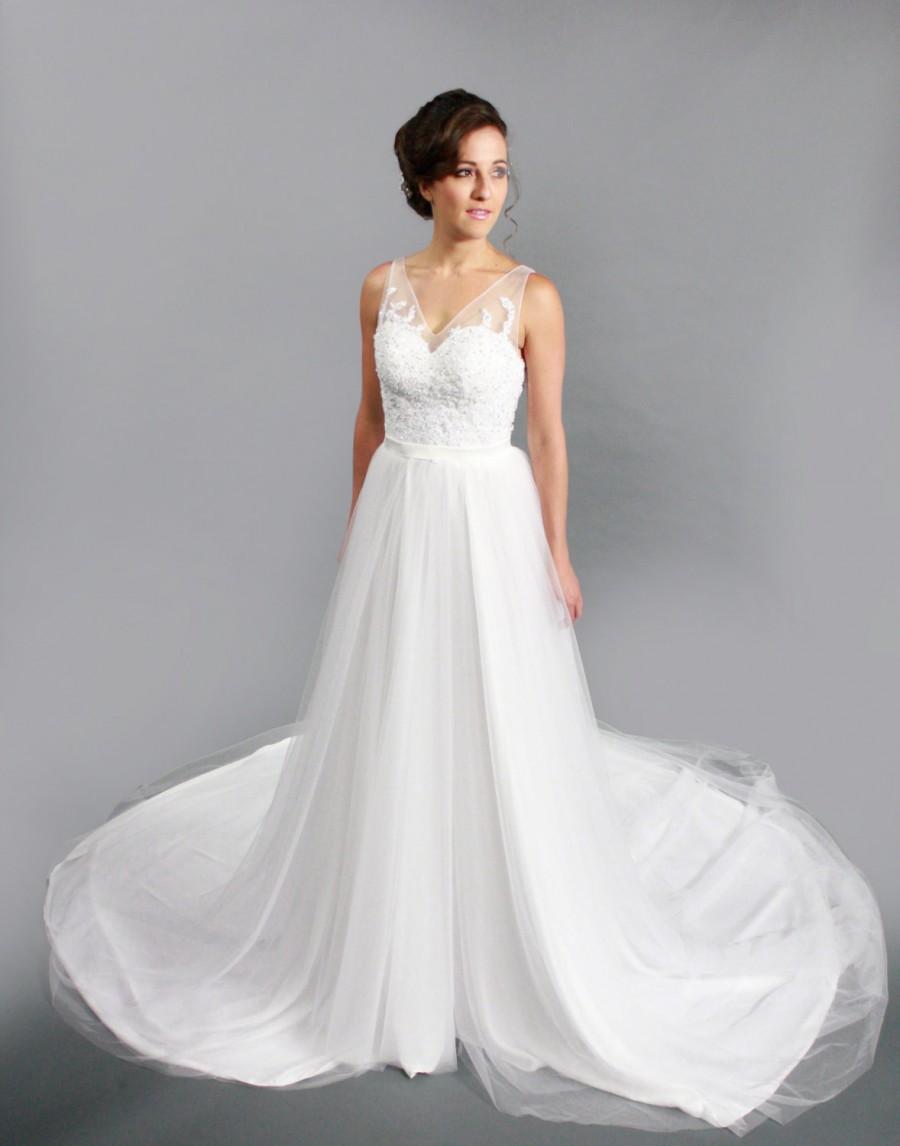 Hochzeit - White Lace Applique V neck and V back Aline Wedding dress, Long Train Bridal Gown
