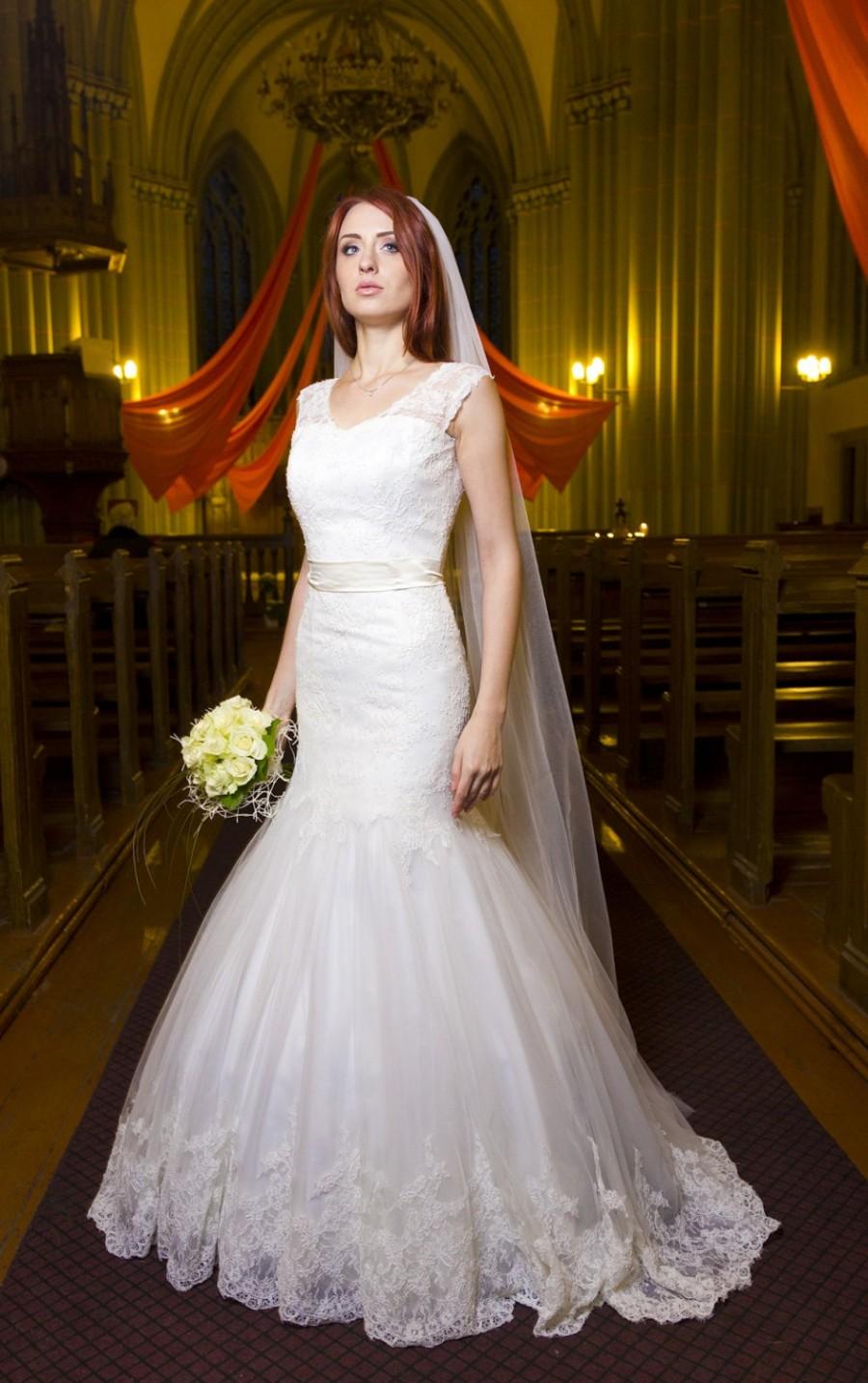 زفاف - Romantic Mermaid French Lace Vintage Inspired Wedding Dress with Illusion Neckline, V Cutout, Lace Train, Chantelle French Lace Corset