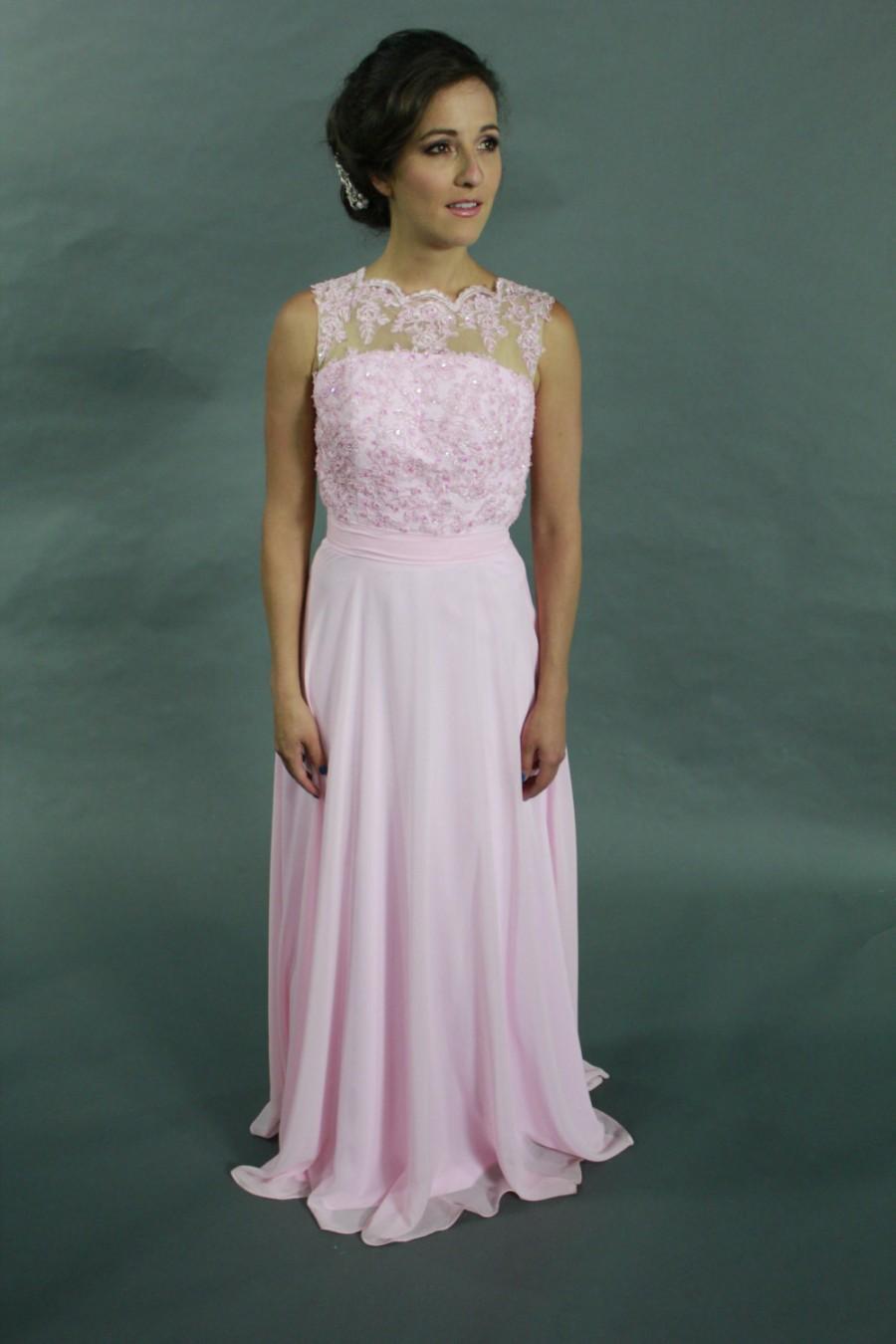 زفاف - Light pink beaded lace illusion neckline see through back formal chiffon evening dress, prom dress, bridesmaid dress