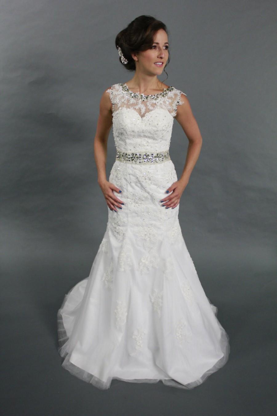 Hochzeit - Elegant sheer scope neckline white lace applique mermaid sweep train wedding dress bridal gown