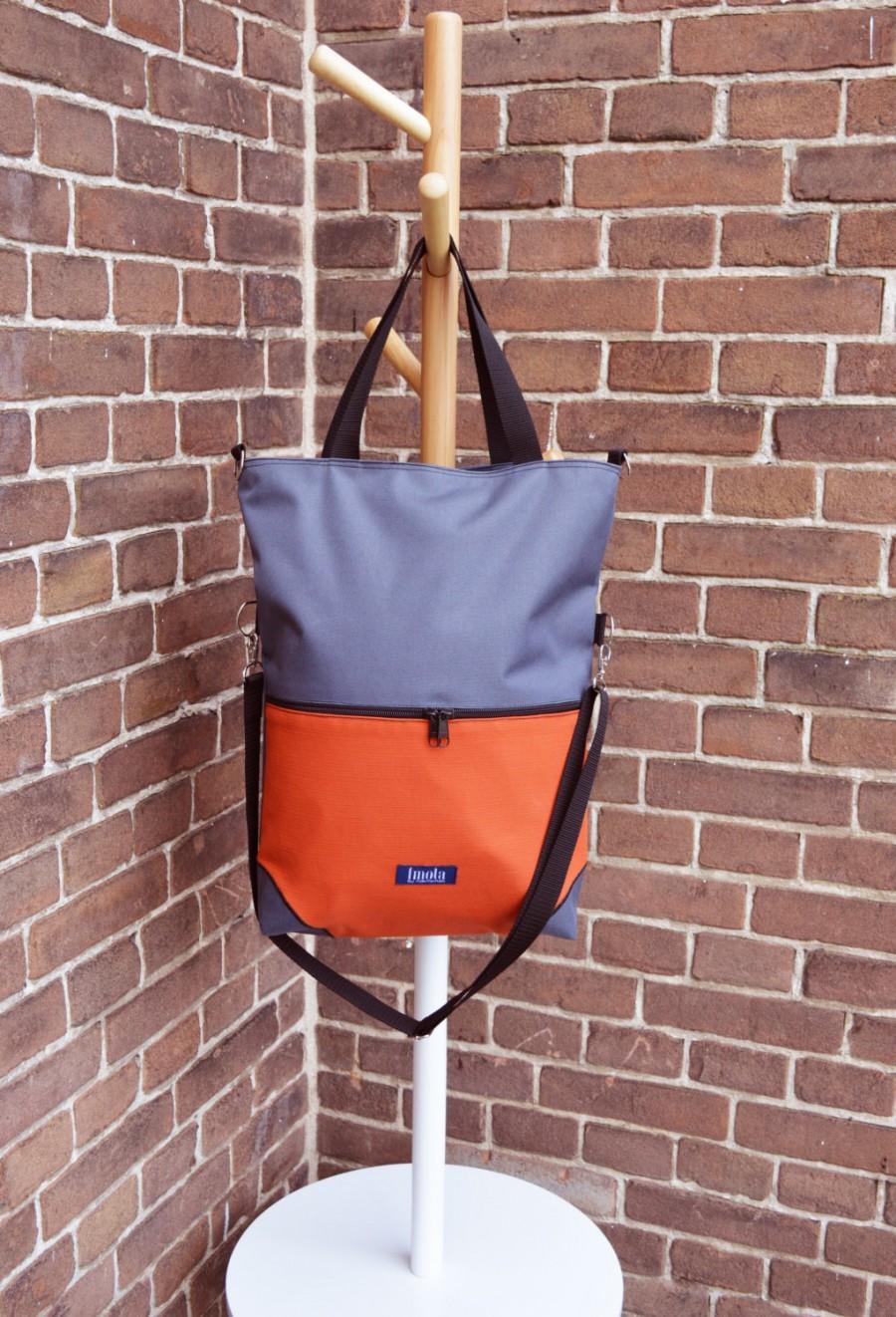 Свадьба - Large fold over canvas tote bag shopping bag casual fold over tote vegan school bag waterproof cordura gray and orange book bag variable