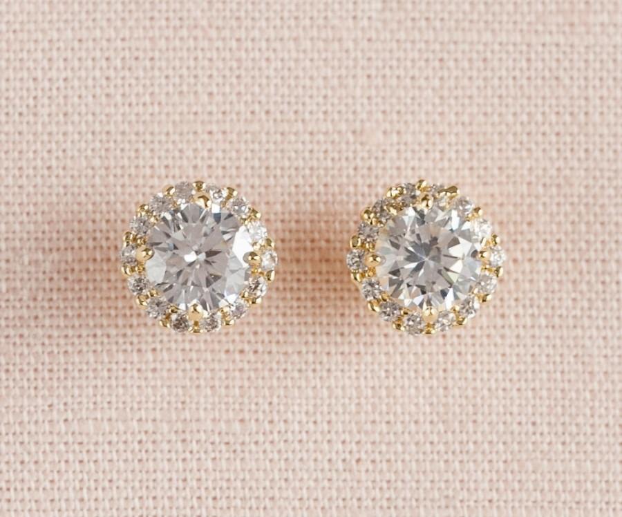 زفاف - Gold Stud Bridal earrings, Crystal Wedding earrings, Halo Bridal jewelry, Bridesmaids jewelry, Stud Earrings,  Large Crystal Stud earrings