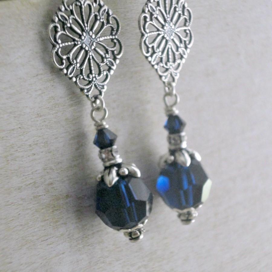 Wedding - Royal Blue Crystal Earrings Swarovski Blue Earrings Antique Silver Navy Victorian Jewelry Blue Victorian Filigree Earrings