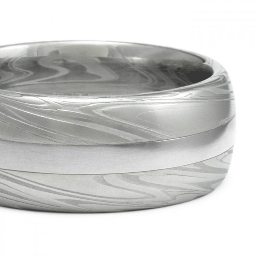 Hochzeit - Damascus Steel Ring with White Gold Inlay - Mens Wedding Band - Domed 8mm, 9mm or 10mm, Powerful Swirling Pattern. Unusual Wedding Ring