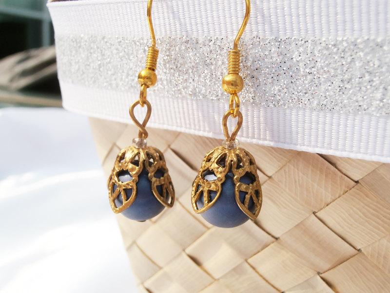 Blue Flower Earrings And Gold French Bead Blue Flower Earrings And Gold French Bead Beaded Dangle Bridesmaid Vintage