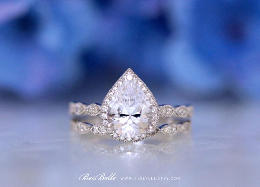 Wedding - Art Deco Bridal Set Ring-Pear Cut 2.97 ct.tw Diamond Simulant-Wedding Set Ring-Half Around Eternity Band Ring-Sterling Silver [6253-2-H]