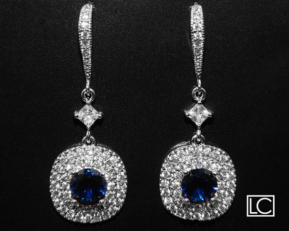 Wedding - Cubic Zirconia Bridal Earrings Navy Blue Silver CZ Wedding Earrings Clear Cubic Zirconia Dangle Earrings Wedding Chandelier Bridal Earrings