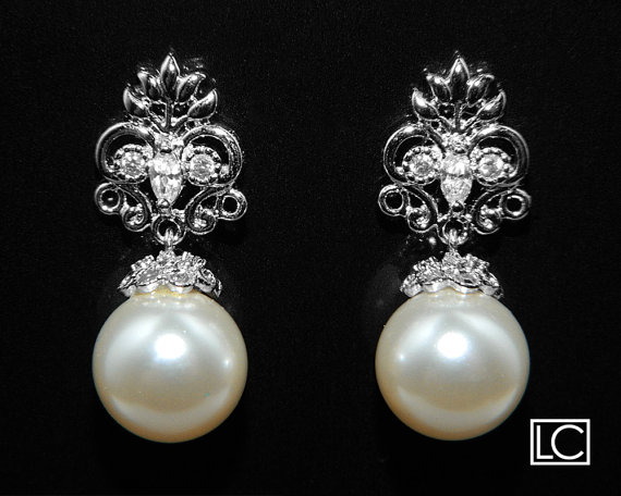 Mariage - Ivory Pearl Bridal Earrings Drop Pearl CZ Wedding Earrings Swarovski 10mm Pearl Earrings Wedding Pearl Jewelry Bridal Jewelry Pearl Earrings