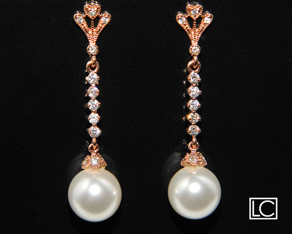 Свадьба - White Pearl Rose Gold Bridal Earrings Swarovski 10mm Pearl Drop CZ Rose Gold Earrings Wedding Earrings Bridal Rose Gold Dangle Earrings