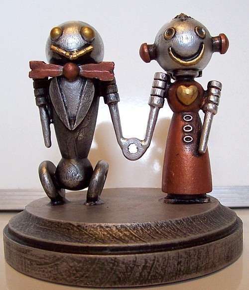 Wedding - Robot Bride and Groom Wedding Cake Topper Classic V2 with Red Dress Holding Hands Wood Statues with Base