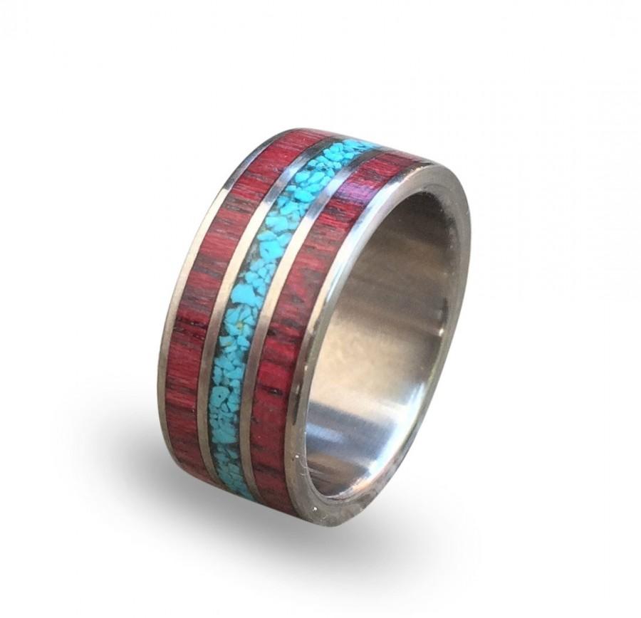 Wedding - Titanium mens ring with amaranth wood and turquoise inlay