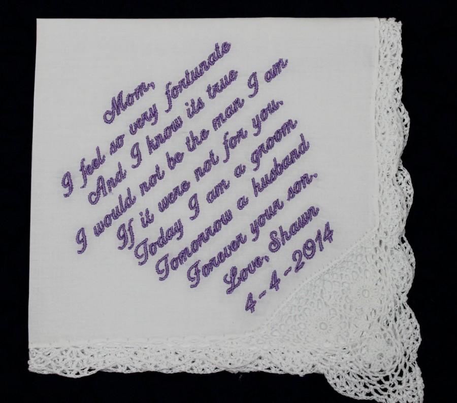 زفاف - Mother of the Bride Handkerchief  rom Groom--Corner design with Wedding date, White with Crochet Border