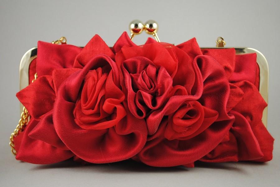Mariage - Red Bridal Clutch ABIGALE /Goldenlock frame and  removable chain