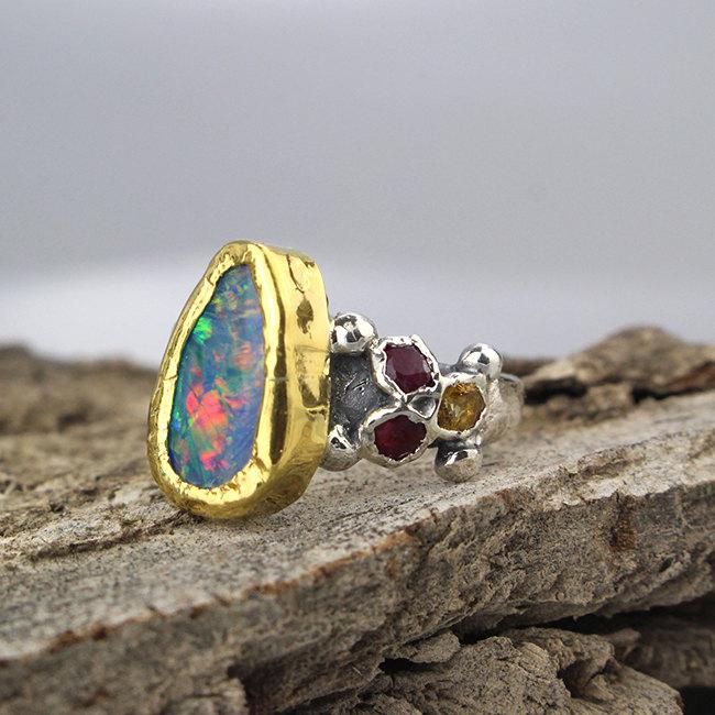 زفاف - Opal Ring, Boho Ring Gold, Raw Opal Ring, Raw Stone Ring, Opal Jewelry, Blue Stone, Boho Ring, Boulder Opal Ring, Raw Stone Engagement Ring