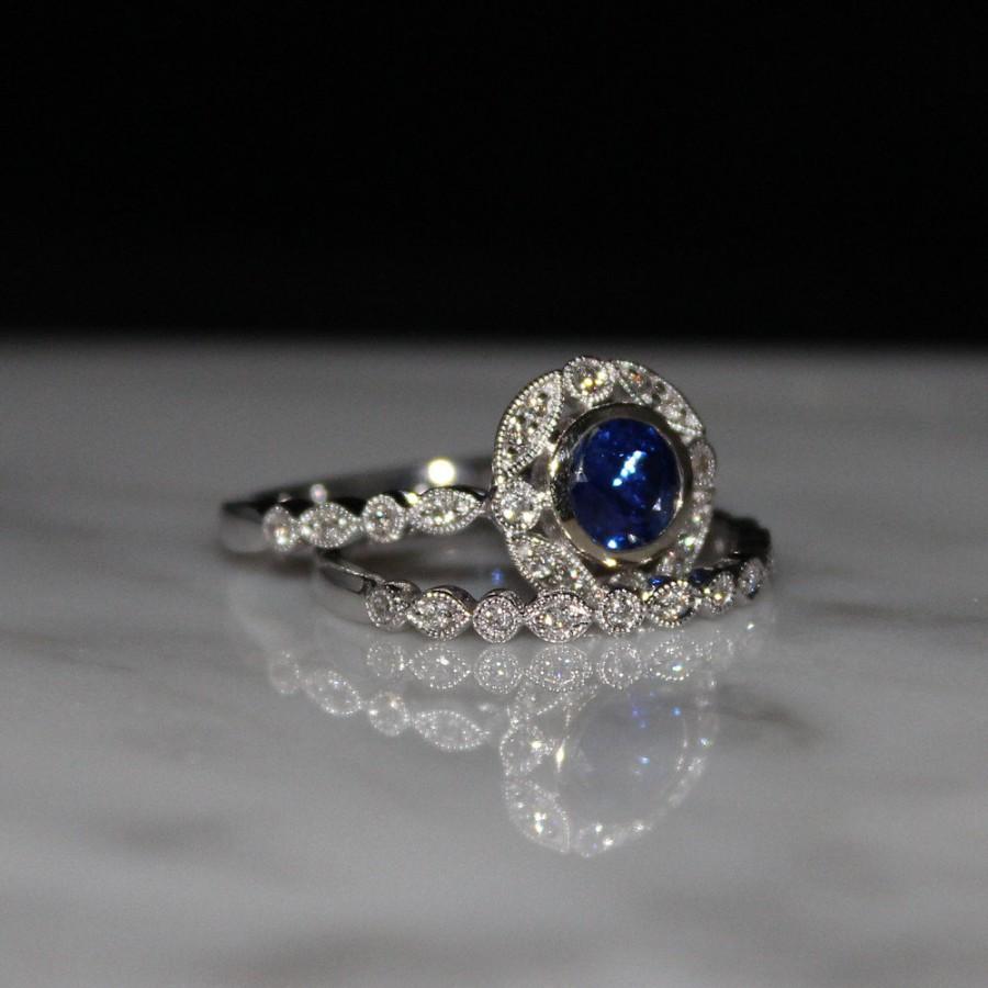 زفاف - Ceylon Blue Sapphire Engagement Ring with Diamond Halo ,Sapphire Wedding Ring Set/Appraisal Included (SALE-WAS 1,999.00)