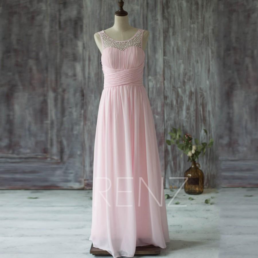 Wedding - 2016 Pink Bridesmaid Dress Long, Chiffon Wedding dress, Beading Illusion Scoop neck Prom dress, Long Maxi dress, V Back floor length (T130B)