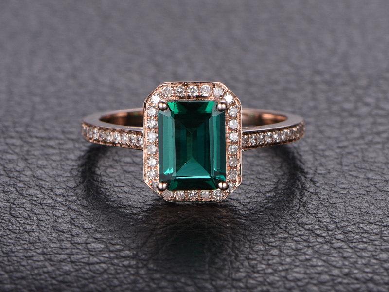 Wedding - Emerald Engagement Ring Emerald Cut Ring 14K Rose Gold Emerald Ring May Birthstone Ring Emerald Cut Engagement Ring Diamond Halo Ring
