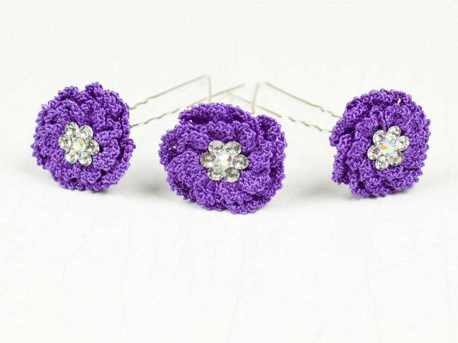 Wedding - Hair Pins-Crochet Purple Flower Hair Pins,Set of 3,Wedding Accessory,Bohemian Wedding, Crystal Hair Piece for Bridesmaid