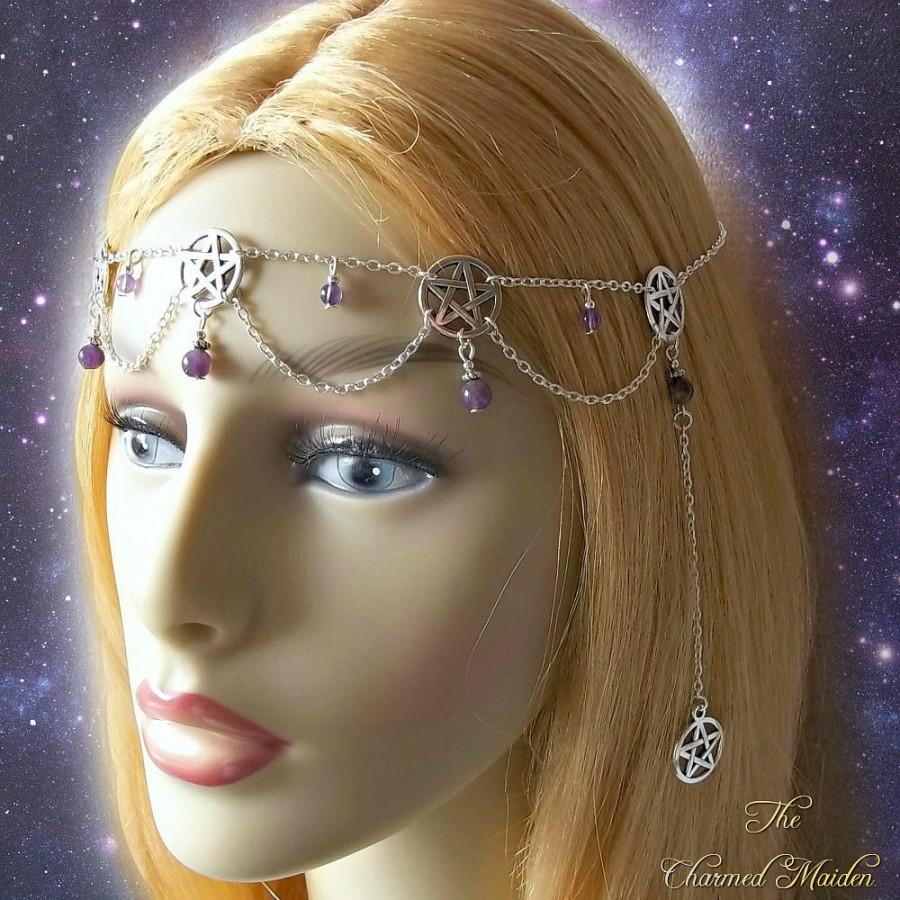 Hochzeit - Amethyst Pentagram Circlet, Pentacle Headpiece, Pagan Head Chain, Wiccan Headdress, Wicca Accessories, Pagan Jewellery, Head Jewellery