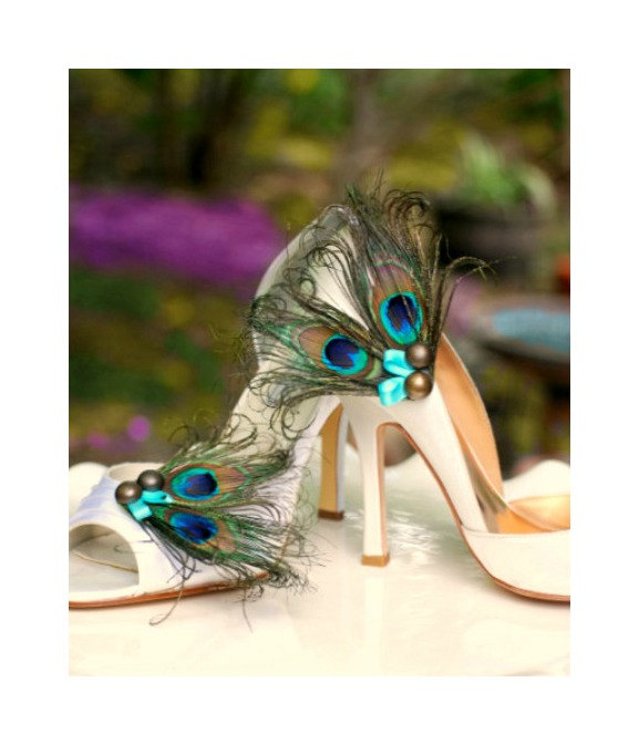 Mariage - Fancy Shoe Clips Iridescent Peacock & Turquoise Bow. Sophisticated Bride Bridesmaid Bridal Party, Chic Burlesque Boudoir, Golden Teal Aqua