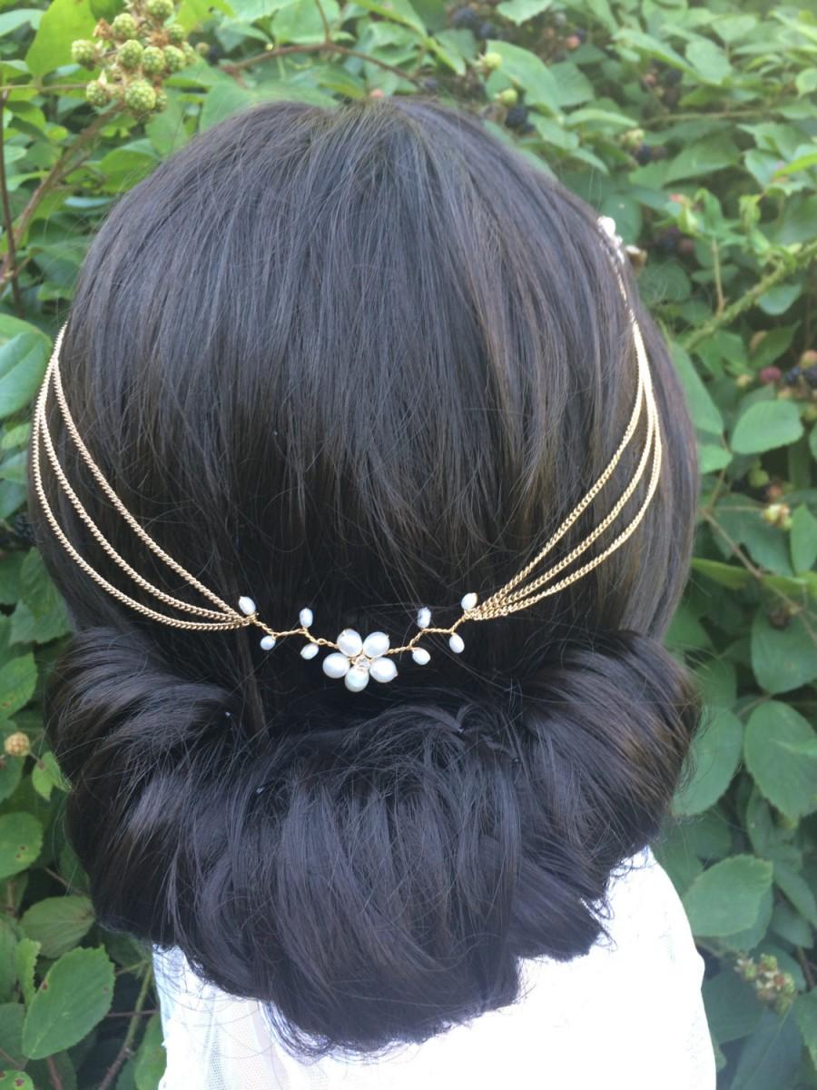 Mariage - Gold bridal hair chain headpiece - Pearl Art deco headpiece  - wedding hair accessory - Downton Abbey 1920s headpiece