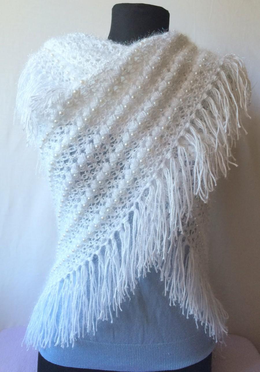 Hochzeit - Crochet Wedding Shawl, Handmade Triangle Shawl, Lace Crochet Beaded Wrap, White Bridal Scarf, Wedding Bridal Shrug, Bridal Gift
